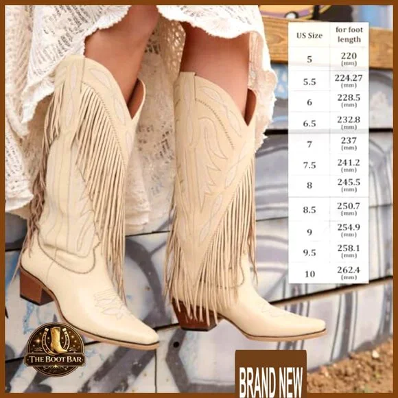 Women's Western Boots Pointed Toe Chunky Heel Pull On Mid Calf Fringe - Picture 2 of 7